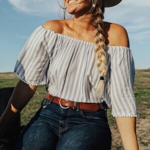 Japna Striped Print Off Shoulder Pompom Trim Crop